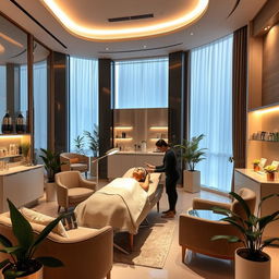 A luxurious beauty clinic interior featuring elegant decor, soft ambient lighting, and modern furnishings