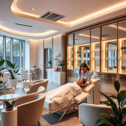 A luxurious beauty clinic interior featuring elegant decor, soft ambient lighting, and modern furnishings