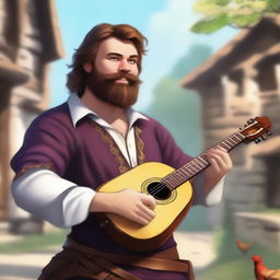 This is a high-quality digital art image of a scruffy bard with brown hair and a pale beard