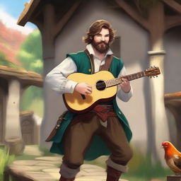 This is a high-quality digital art image of a scruffy bard with brown hair and a pale beard