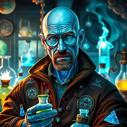 A character inspired by Walter White from Breaking Bad, reimagined as an Earth Genasi alchemist with stunning blue crystal skin that glistens like gemstones