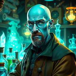 A character inspired by Walter White from Breaking Bad, reimagined as an Earth Genasi alchemist with stunning blue crystal skin that glistens like gemstones