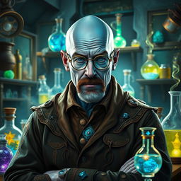 A character inspired by Walter White from Breaking Bad, reimagined as an Earth Genasi alchemist with stunning blue crystal skin that glistens like gemstones