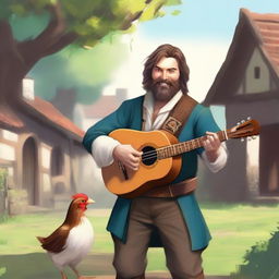 This is a high-quality digital art image of a scruffy bard with brown hair and a pale beard