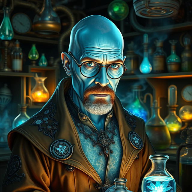 A character inspired by Walter White from Breaking Bad, reimagined as an Earth Genasi alchemist with stunning blue crystal skin that glistens like gemstones