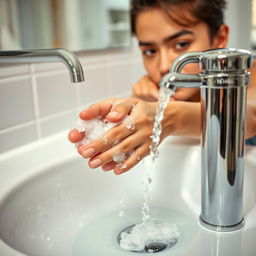 A close-up shot of a person washing their hands under a bright, modern sink