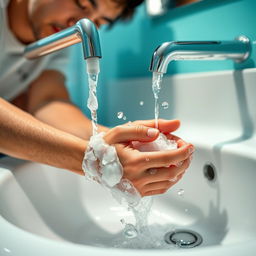 A close-up shot of a person washing their hands under a bright, modern sink