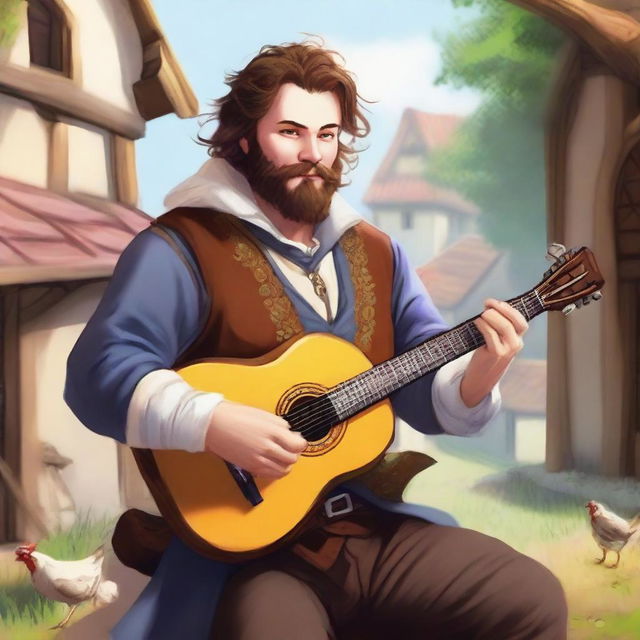 This is a high-resolution digital art image depicting an unkempt bard with brown hair and a pale beard