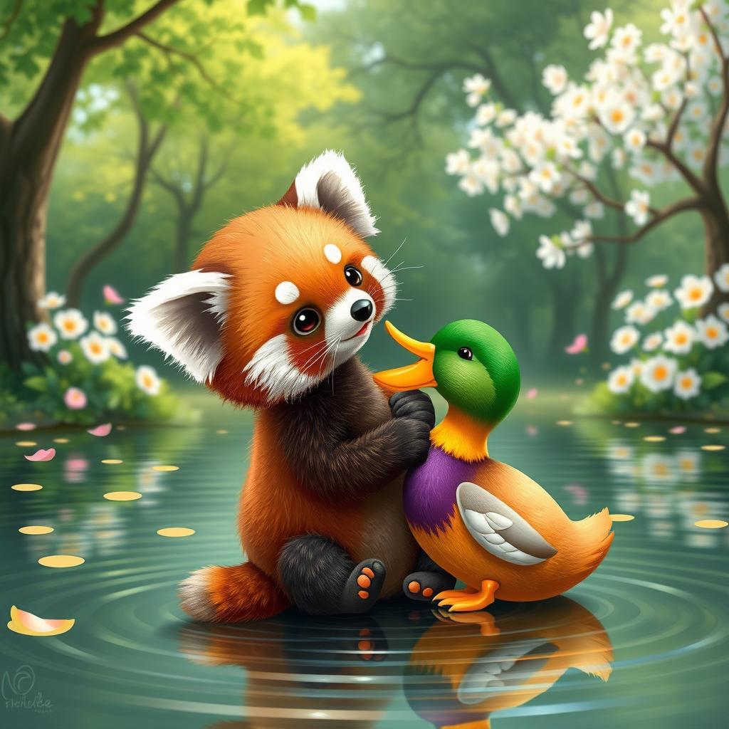 A charming scene featuring a cute red panda gently kissing a colorful duck by a peaceful pond