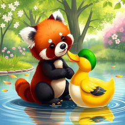 A charming scene featuring a cute red panda gently kissing a colorful duck by a peaceful pond