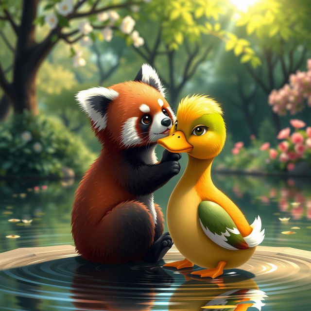 A charming scene featuring a cute red panda gently kissing a colorful duck by a peaceful pond