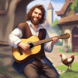 This is a high-resolution digital art image depicting an unkempt bard with brown hair and a pale beard