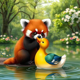 A charming scene featuring a cute red panda gently kissing a colorful duck by a peaceful pond