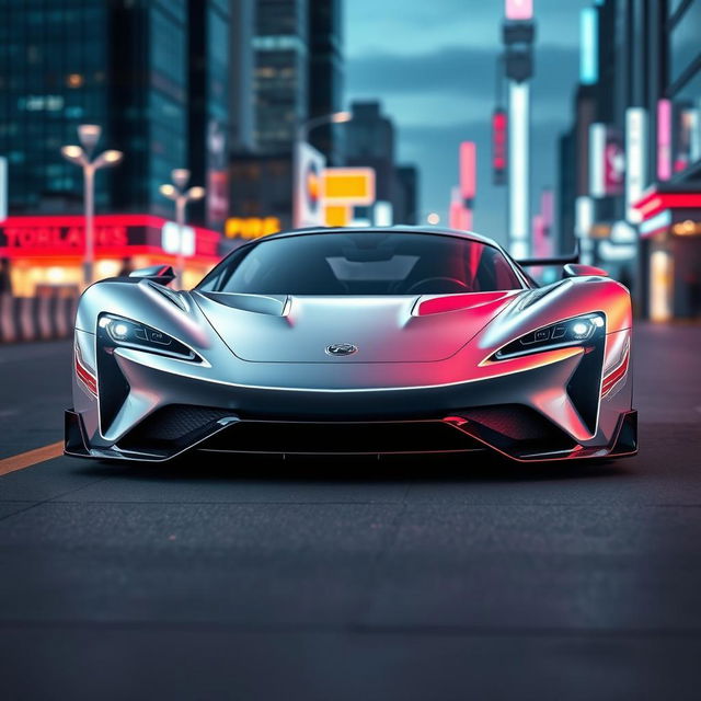 A sleek and modern car mockup featuring a shiny silver sports car parked in a futuristic urban environment, showcasing its aerodynamic design and sophisticated details