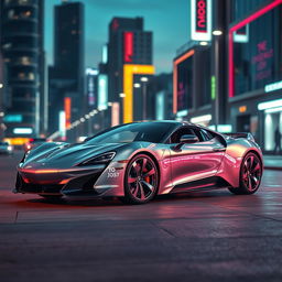 A sleek and modern car mockup featuring a shiny silver sports car parked in a futuristic urban environment, showcasing its aerodynamic design and sophisticated details
