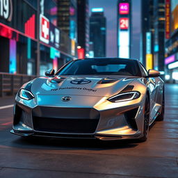 A sleek and modern car mockup featuring a shiny silver sports car parked in a futuristic urban environment, showcasing its aerodynamic design and sophisticated details