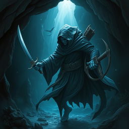A malevolent blue humanoid creature that thrives underwater, equipped with a sharp sword in one hand and a crossbow in the other