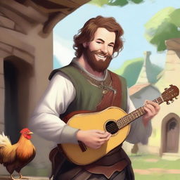 This is a high-resolution digital art image depicting an unkempt bard with brown hair and a pale beard