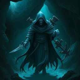 A malevolent blue humanoid creature that thrives underwater, equipped with a sharp sword in one hand and a crossbow in the other