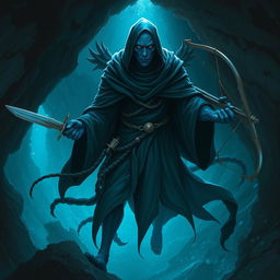 A malevolent blue humanoid creature that thrives underwater, equipped with a sharp sword in one hand and a crossbow in the other