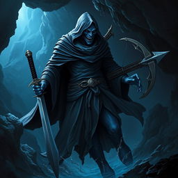 A malevolent blue humanoid creature that thrives underwater, equipped with a sharp sword in one hand and a crossbow in the other