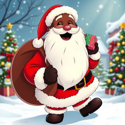 A cheerful cartoon Santa Claus with a joyful expression, featuring dark skin and wearing a classic red Santa suit with white fur trim