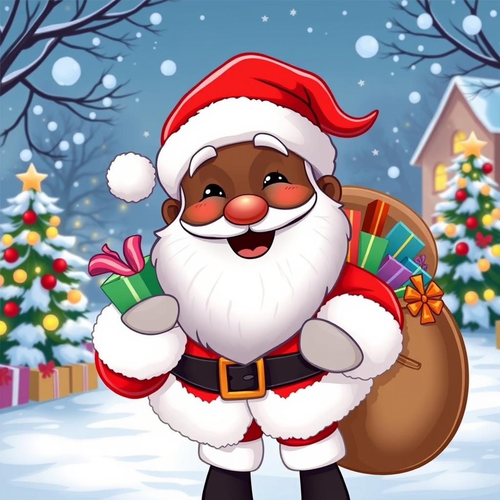 A cheerful cartoon Santa Claus with a joyful expression, featuring dark skin and wearing a classic red Santa suit with white fur trim