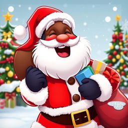 A cheerful cartoon Santa Claus with a joyful expression, featuring dark skin and wearing a classic red Santa suit with white fur trim