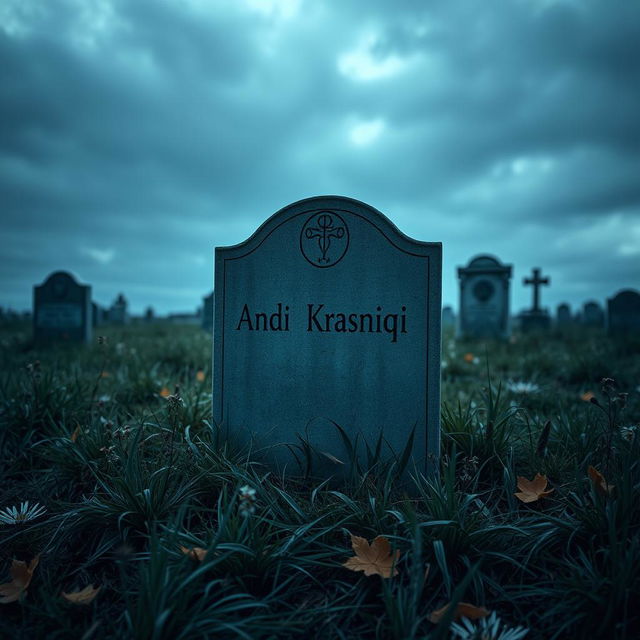 A somber graveyard scene featuring a simple headstone with the name 'Andi Krasniqi' engraved on it