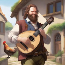 This is a high-resolution digital art image depicting an unkempt bard with brown hair and a pale beard