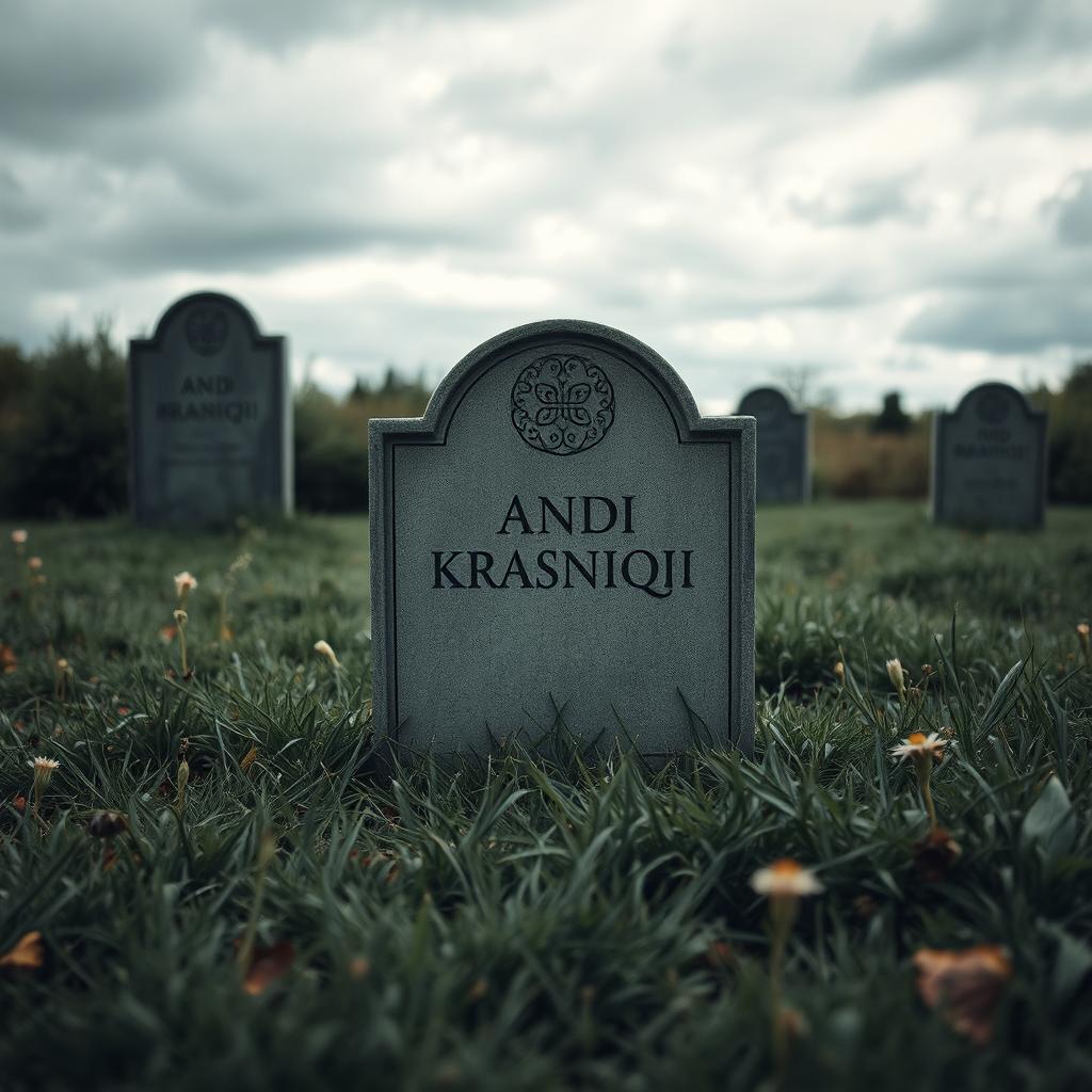 A somber graveyard scene featuring a simple headstone with the name 'Andi Krasniqi' engraved on it