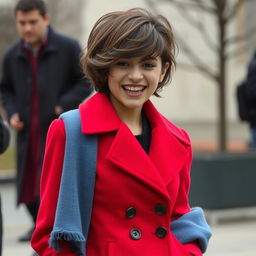 An Iranian girl in the 9th grade, with short wavy hair, shorter stature, and a thin physique