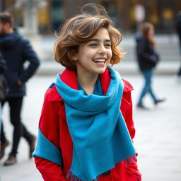 An Iranian girl in the 9th grade, with short wavy hair, shorter stature, and a thin physique