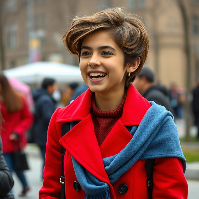 An Iranian girl in the 9th grade, with short wavy hair, shorter stature, and a thin physique