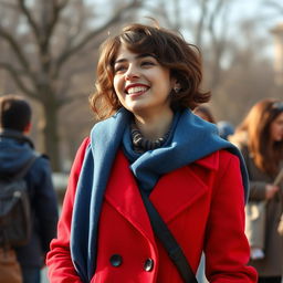 An Iranian girl in the 9th grade, with short wavy hair, shorter stature, and a thin physique