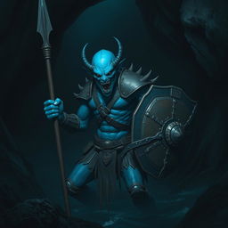 A malevolent blue humanoid creature adapted to underwater life, brandishing a sharp spear in one hand and a sturdy shield in the other