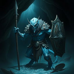 A malevolent blue humanoid creature adapted to underwater life, brandishing a sharp spear in one hand and a sturdy shield in the other