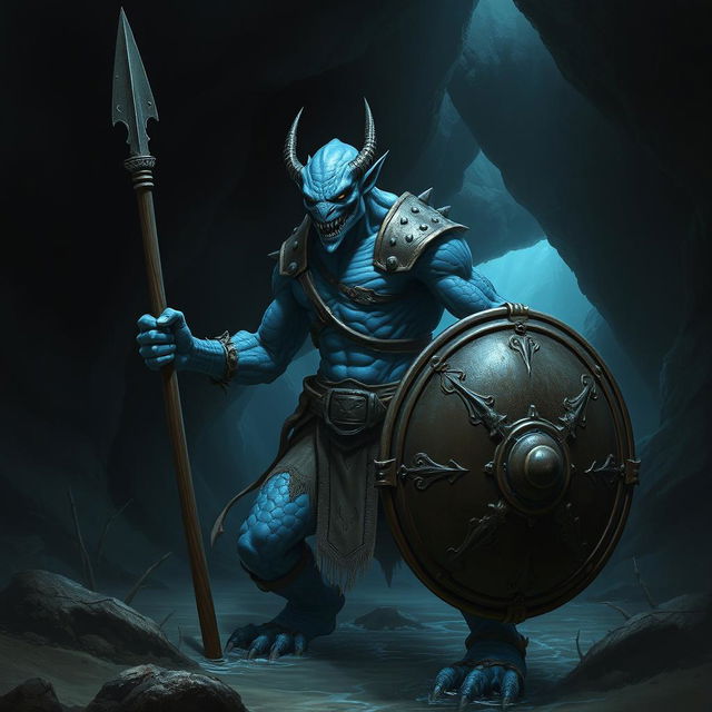 A malevolent blue humanoid creature adapted to underwater life, brandishing a sharp spear in one hand and a sturdy shield in the other