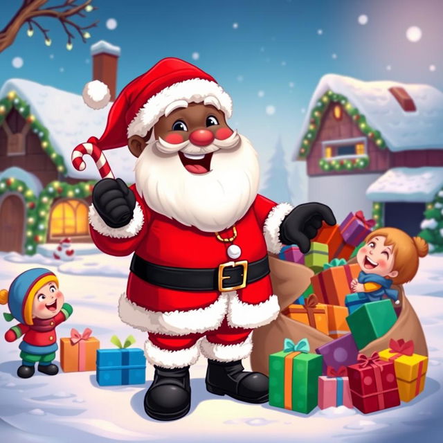 A vibrant cartoon of a joyful Black Santa Claus, smiling as he stands next to a sack overflowing with colorful gifts