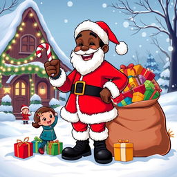 A vibrant cartoon of a joyful Black Santa Claus, smiling as he stands next to a sack overflowing with colorful gifts