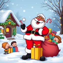 A vibrant cartoon of a joyful Black Santa Claus, smiling as he stands next to a sack overflowing with colorful gifts