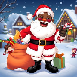 A vibrant cartoon of a joyful Black Santa Claus, smiling as he stands next to a sack overflowing with colorful gifts
