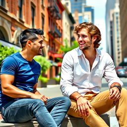Two handsome men sitting on a city street, engaged in a lively conversation, both dressed in stylish casual outfits