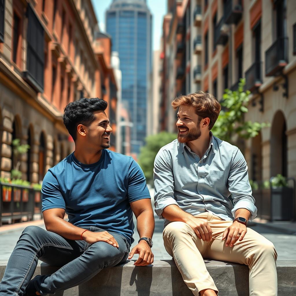 Two handsome men sitting on a city street, engaged in a lively conversation, both dressed in stylish casual outfits