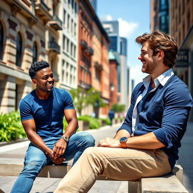 Two handsome men sitting on a city street, engaged in a lively conversation, both dressed in stylish casual outfits