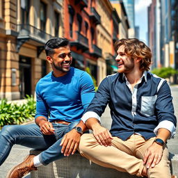 Two handsome men sitting on a city street, engaged in a lively conversation, both dressed in stylish casual outfits