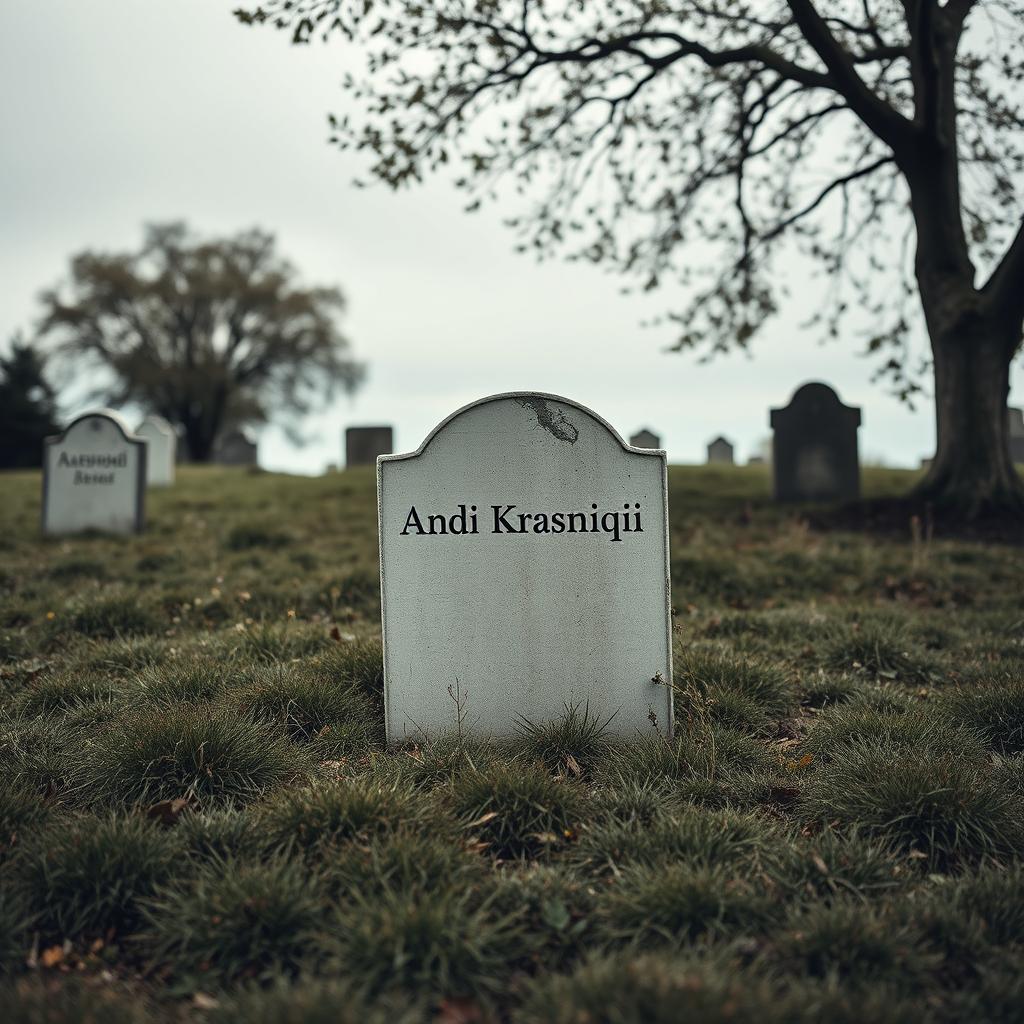 A modest graveyard scene featuring a simple, weathered headstone that reads 'Andi Krasniqi'