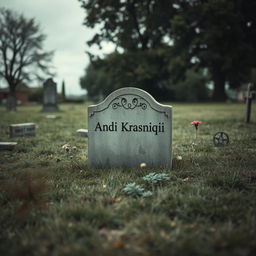 A modest graveyard scene featuring a simple, weathered headstone that reads 'Andi Krasniqi'