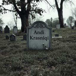 A modest graveyard scene featuring a simple, weathered headstone that reads 'Andi Krasniqi'