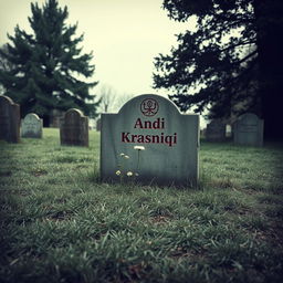 A modest graveyard scene featuring a simple, weathered headstone that reads 'Andi Krasniqi'
